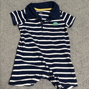 Striped Navy & White Polo Romper with Turtle Accent